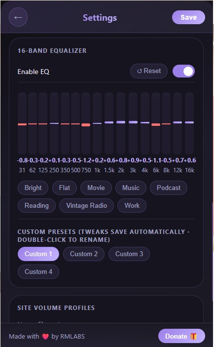 FocusTube audio equalizer and settings screen