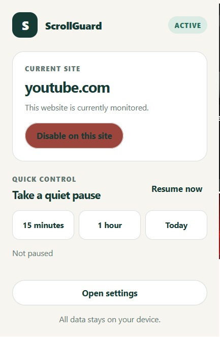Scroll Guard active monitoring popup with quiet pause controls