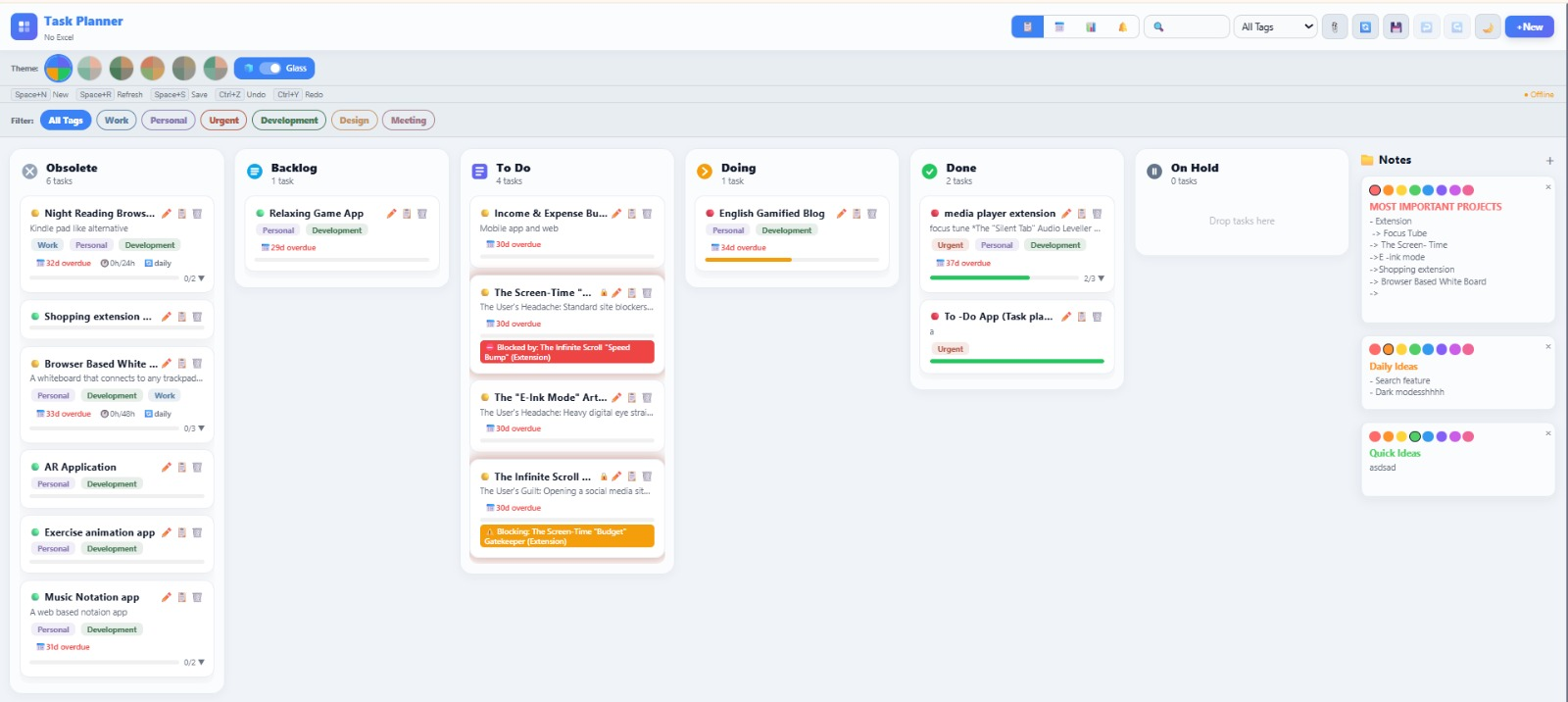 Task Planner kanban board with task columns and notes