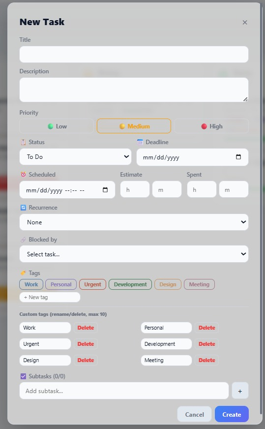 Task Planner new task form